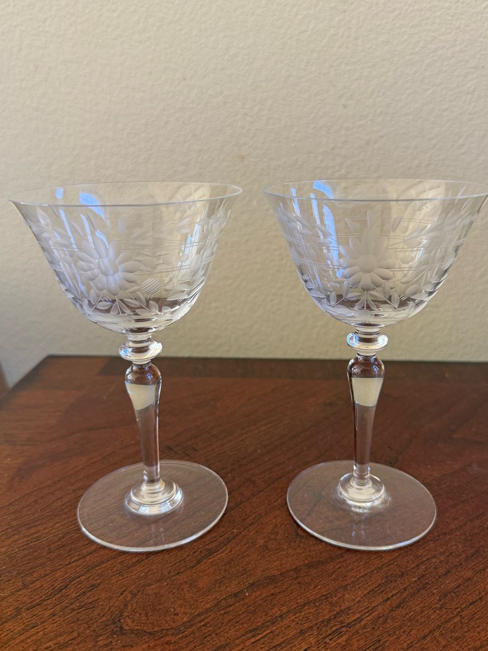 Pair of vintage etched wine glasses